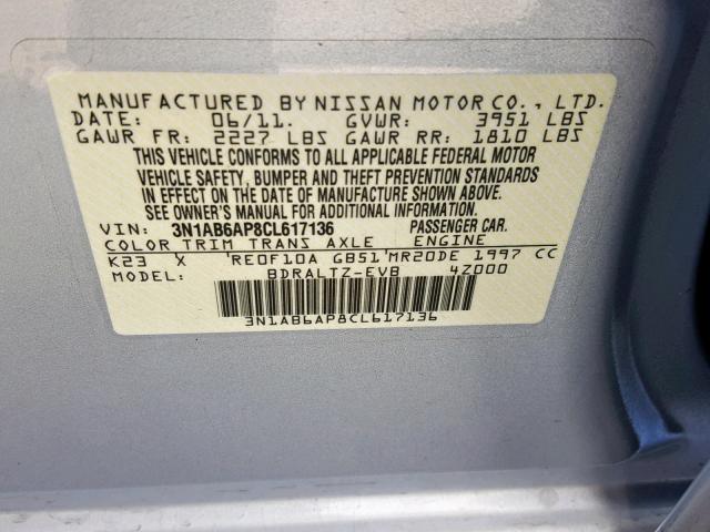 3N1AB6AP8CL617136 - 2012 NISSAN SENTRA 2.0 SILVER photo 10