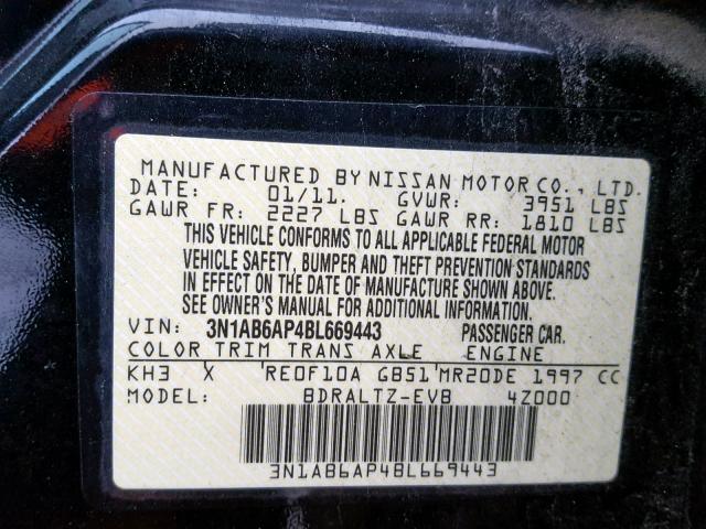 3N1AB6AP4BL669443 - 2011 NISSAN SENTRA 2.0 BLACK photo 10