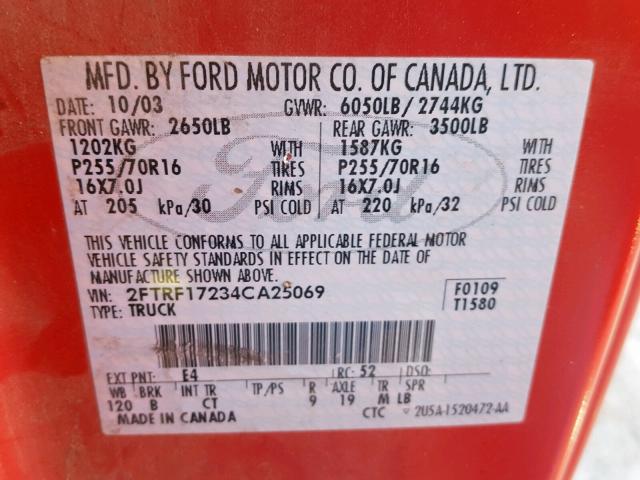 2FTRF17234CA25069 - 2004 FORD F-150 HERI RED photo 10