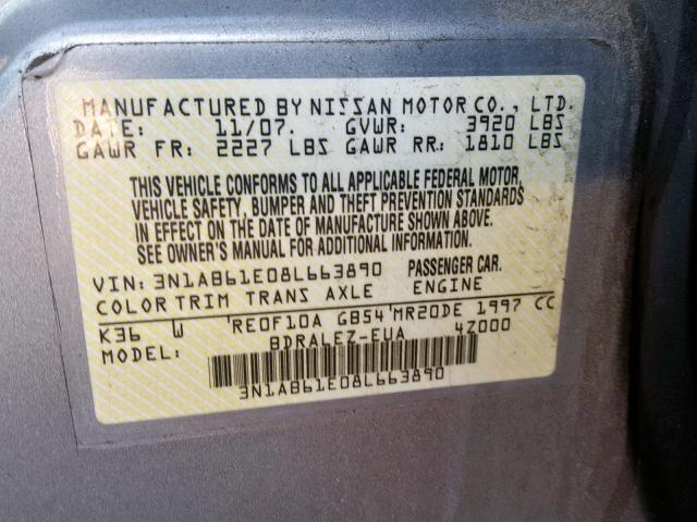 3N1AB61E08L663890 - 2008 NISSAN SENTRA 2.0 SILVER photo 10