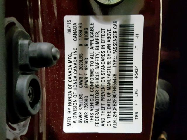 2HGFB2F90FH555476 - 2015 HONDA CIVIC EXL RED photo 10