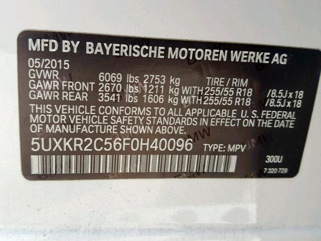 5UXKR2C56F0H40096 - 2015 BMW X5 SDRIVE3 WHITE photo 10