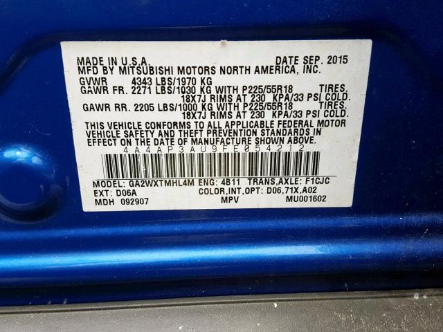 4A4AP3AU9FE054212 - 2015 MITSUBISHI OUTLANDER BLUE photo 10