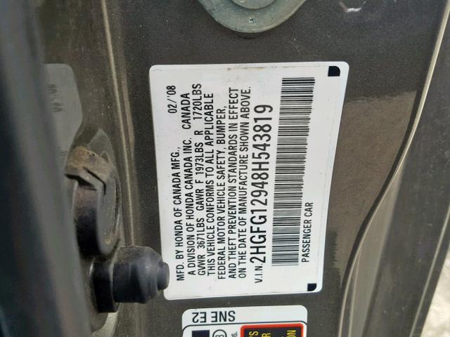 2HGFG12948H543819 - 2008 HONDA CIVIC EXL GRAY photo 10