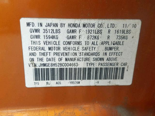 JHMGE8H52BC004663 - 2011 HONDA FIT SPORT ORANGE photo 10