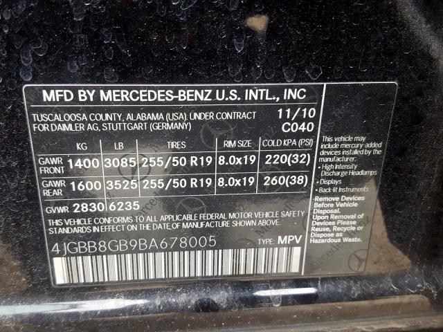 4JGBB8GB9BA678005 - 2011 MERCEDES-BENZ ML 350 4MATIC  photo 10