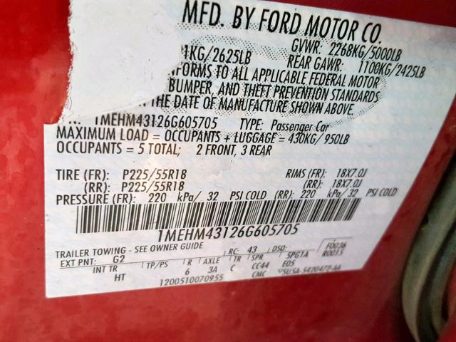 1MEHM43126G605705 - 2006 MERCURY MONTEGO PR RED photo 10