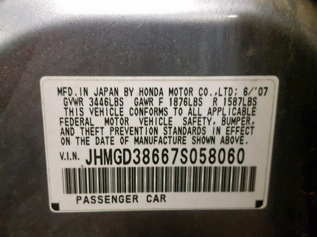 JHMGD38667S058060 - 2007 HONDA FIT S SILVER photo 10