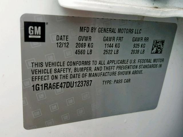 1G1RA6E47DU123787 - 2013 CHEVROLET VOLT WHITE photo 10