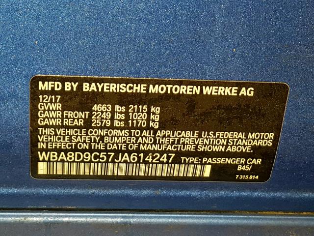 WBA8D9C57JA614247 - 2018 BMW 330 XI BLUE photo 10