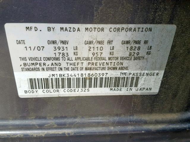 JM1BK344181860397 - 2008 MAZDA 3 HATCHBAC GRAY photo 10