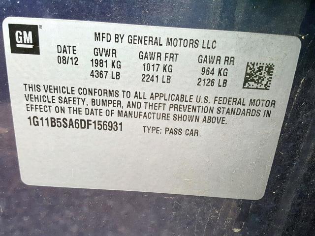 1G11B5SA6DF156931 - 2013 CHEVROLET MALIBU LS 蓝色 照片 10