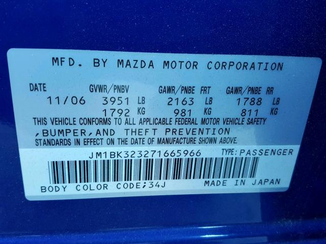 JM1BK323271665966 - 2007 MAZDA 3 S BLUE photo 10