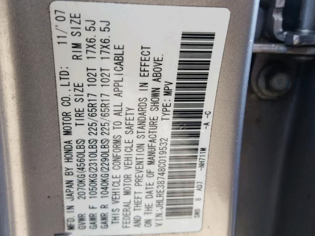 JHLRE38748C019532 - 2008 HONDA CR-V EXL SILVER photo 10