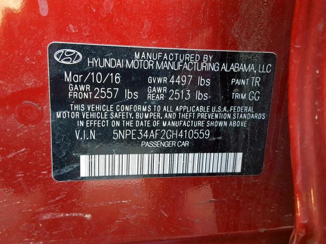 5NPE34AF2GH410559 - 2016 HYUNDAI SONATA SPO RED photo 10