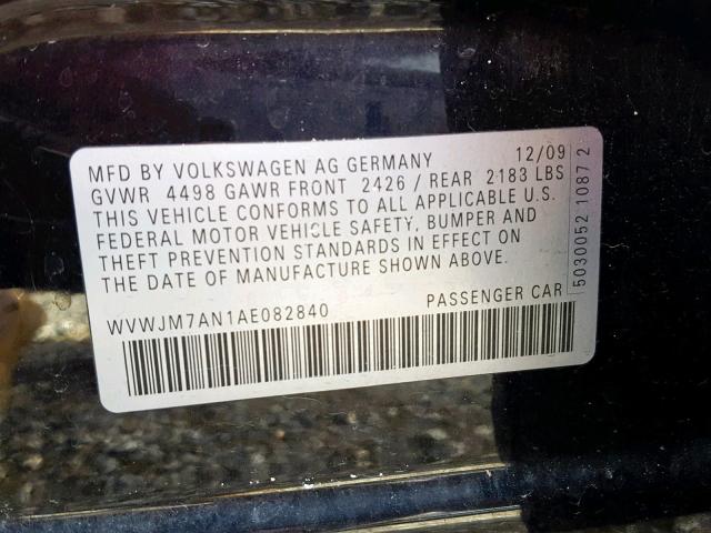 WVWJM7AN1AE082840 - 2010 VOLKSWAGEN PASSAT KOM BLACK photo 10