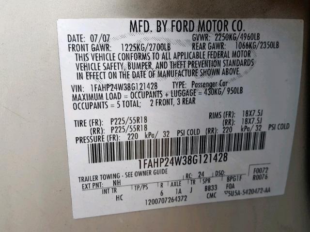 1FAHP24W38G121428 - 2008 FORD TAURUS SEL CREAM photo 10