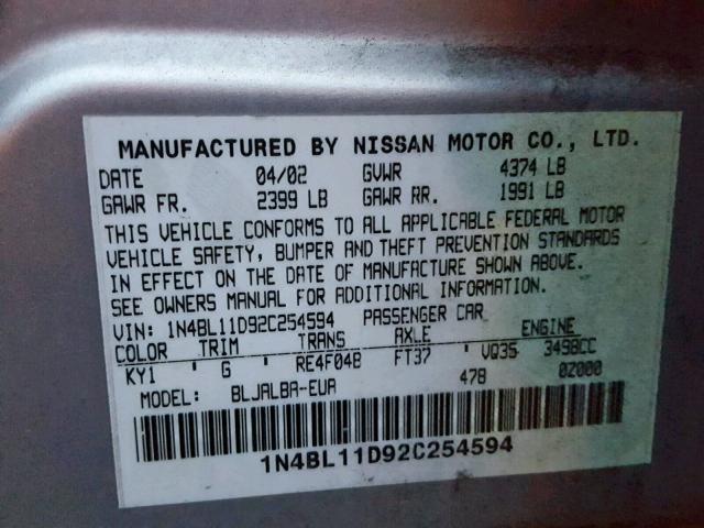 1N4BL11D92C254594 - 2002 NISSAN ALTIMA SE SILVER photo 10