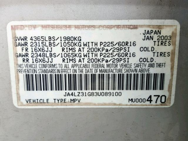 JA4LZ31G83U089100 - 2003 MITSUBISHI OUTLANDER SILVER photo 10