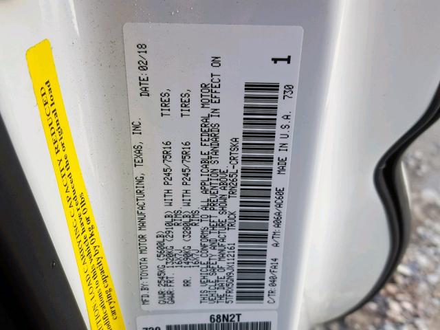 5TFRX5GN9JX112161 - 2018 TOYOTA TACOMA ACC WHITE photo 10