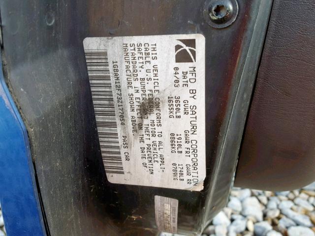 1G8AN12F73Z177054 - 2003 SATURN ION LEVEL BLUE photo 10