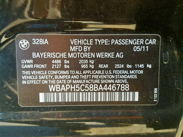 WBAPH5C58BA446788 - 2011 BMW 328 I SULE BLACK photo 10