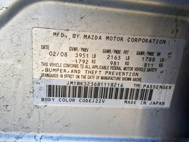 JM1BK323681118216 - 2008 MAZDA 3 S SILVER photo 10