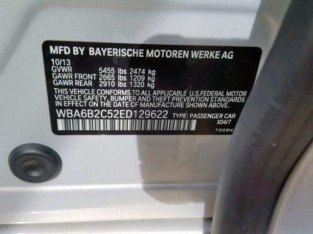 WBA6B2C52ED129622 - 2014 BMW 650 I SILVER photo 10