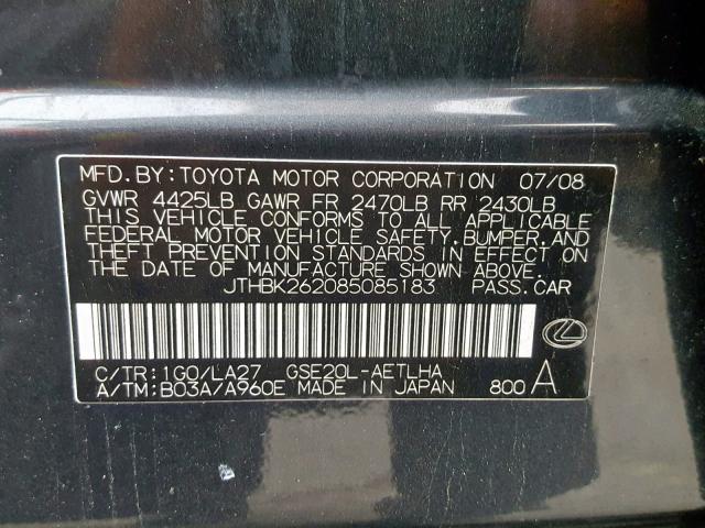 JTHBK262085085183 - 2008 LEXUS IS 250 CHARCOAL photo 10