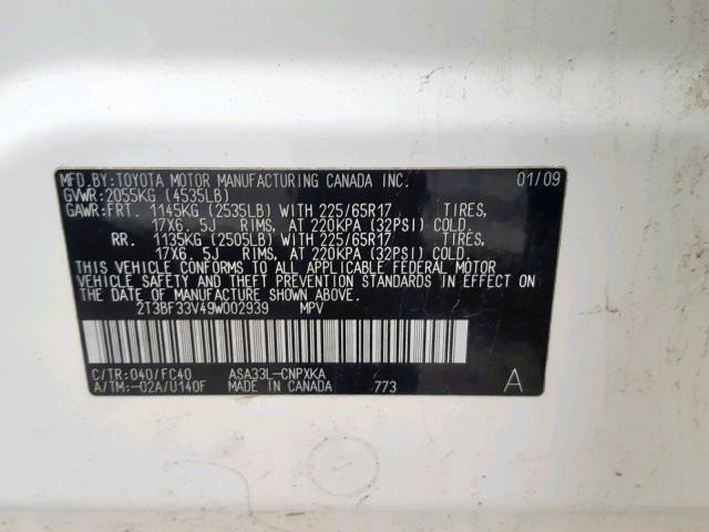 2T3BF33V49W002939 - 2009 TOYOTA RAV4 WHITE photo 10