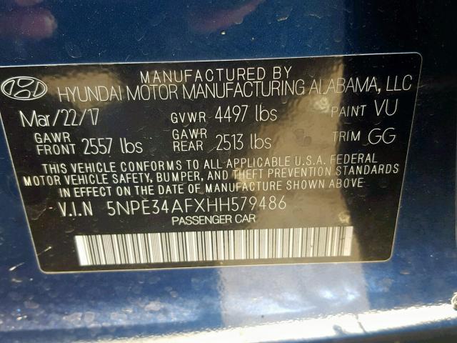 5NPE34AFXHH579486 - 2017 HYUNDAI SONATA SPO BLUE photo 10