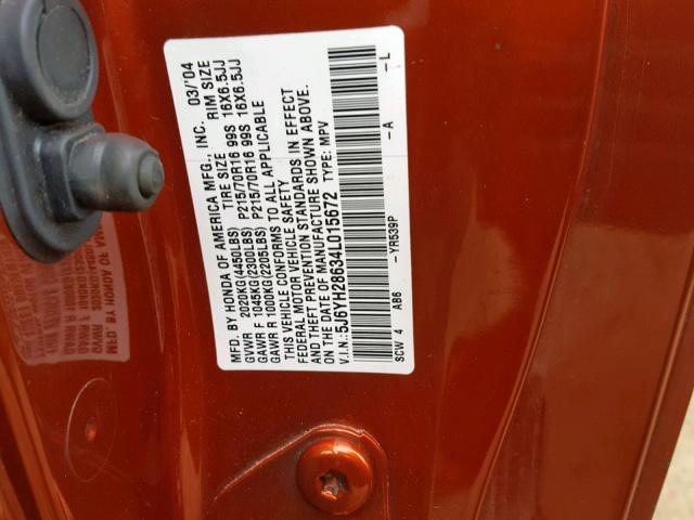 5J6YH28634L015672 - 2004 HONDA ELEMENT EX ORANGE photo 10