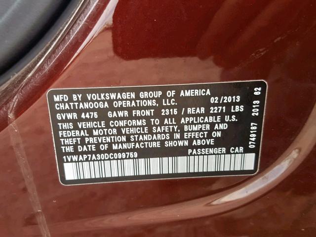 1VWAP7A30DC099759 - 2013 VOLKSWAGEN PASSAT S BURGUNDY photo 10