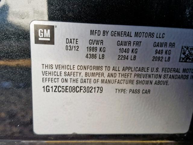 1G1ZC5E08CF302179 - 2012 CHEVROLET MALIBU 1LT შავი ფოტო 10