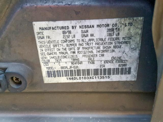 1N4DL01D3XC113515 - 1999 NISSAN ALTIMA XE GOLD photo 10