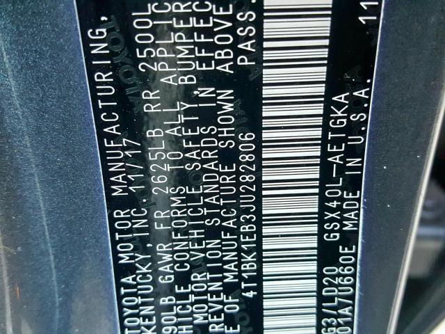 4T1BK1EB3JU282806 - 2018 TOYOTA AVALON XLE SILVER photo 10