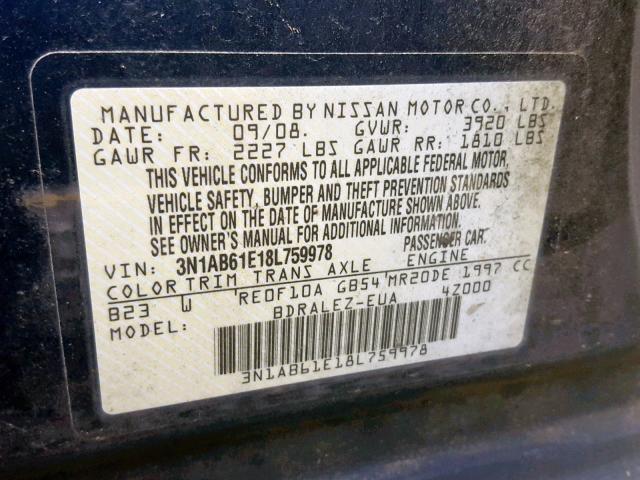 3N1AB61E18L759978 - 2008 NISSAN SENTRA 2.0 BLUE photo 10