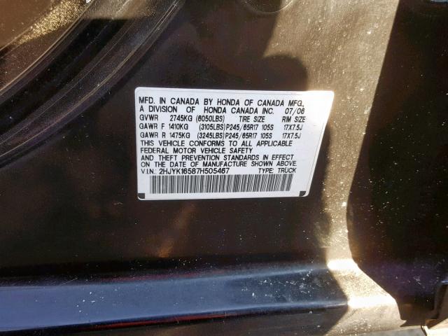 2HJYK16587H505467 - 2007 HONDA RIDGELINE BLACK photo 10