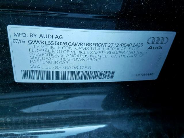 WAUGL78E76A064258 - 2006 AUDI S4 QUATTRO BLACK photo 10