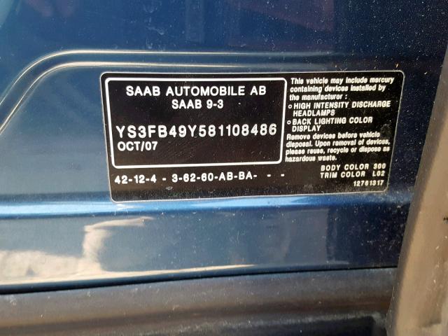 YS3FB49Y581108486 - 2008 SAAB 9-3 2.0T BLUE photo 10