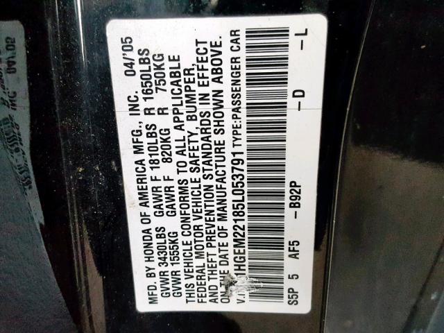 1HGEM22185L053791 - 2005 HONDA CIVIC DX V BLACK photo 10