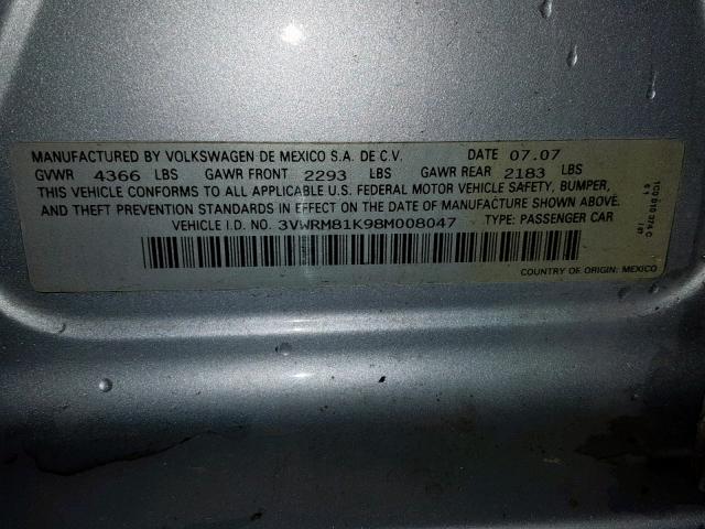 3VWRM81K98M008047 - 2008 VOLKSWAGEN JETTA SE SILVER photo 10