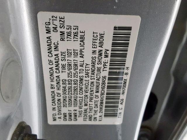 2HKRM4H78CH608456 - 2012 HONDA CR-V EXL SILVER photo 10