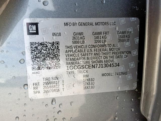 1GCGSCEN7J1304534 - 2018 CHEVROLET COLORADO L CHARCOAL photo 10