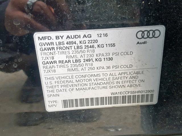 WA1ECCFS5HR012900 - 2017 AUDI Q3 PREMIUM BLACK photo 10