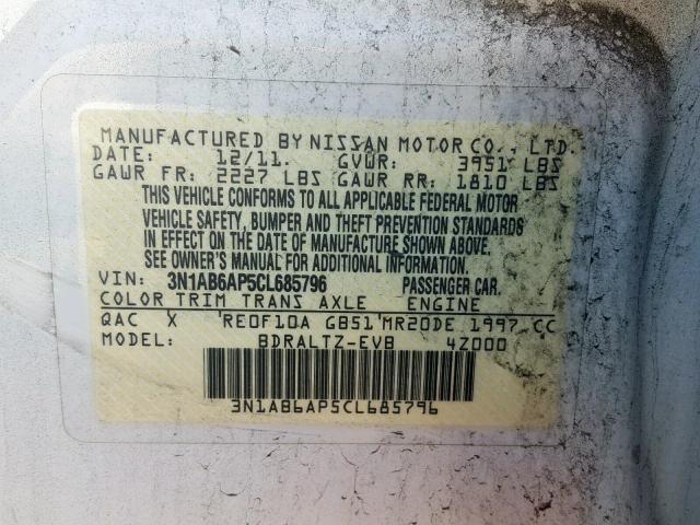 3N1AB6AP5CL685796 - 2012 NISSAN SENTRA 2.0 WHITE photo 10