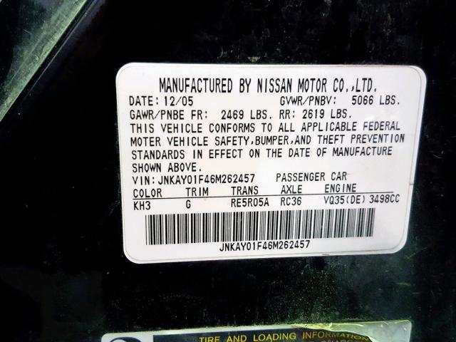 JNKAY01F46M262457 - 2006 INFINITI M35 BASE BLACK photo 10