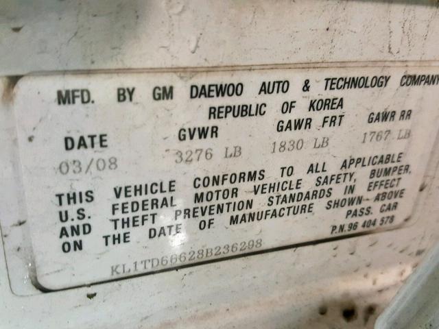 KL1TD66628B236298 - 2008 CHEVROLET AVEO BASE Ақ фото 10