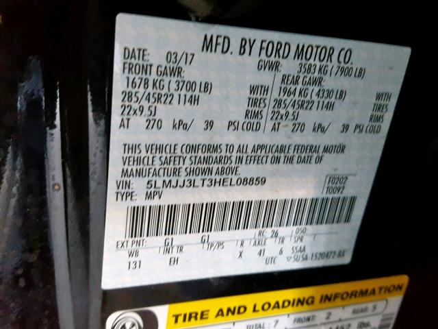 5LMJJ3LT3HEL08859 - 2017 LINCOLN NAVIGATOR Қара фото 10