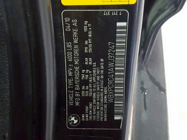 WBXPC9C41AWJ37247 - 2010 BMW X3 XDRIVE3 BLACK photo 10